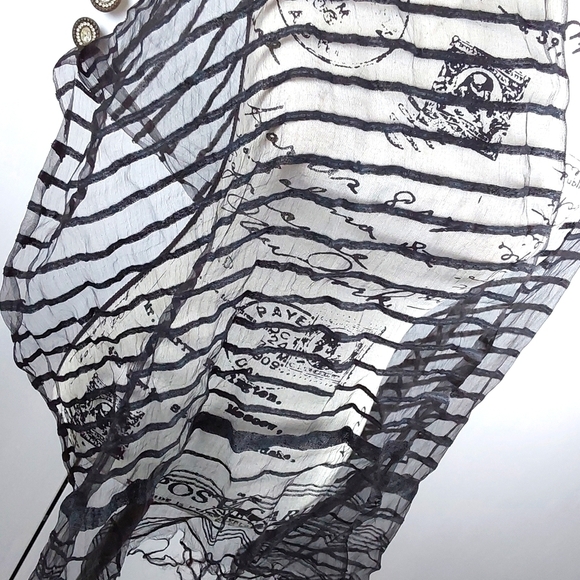 Womens Scarf EXTRA Long & Wide Black SHEER W/ Vertical Stripes FRINGE on Ends - Picture 4 of 6